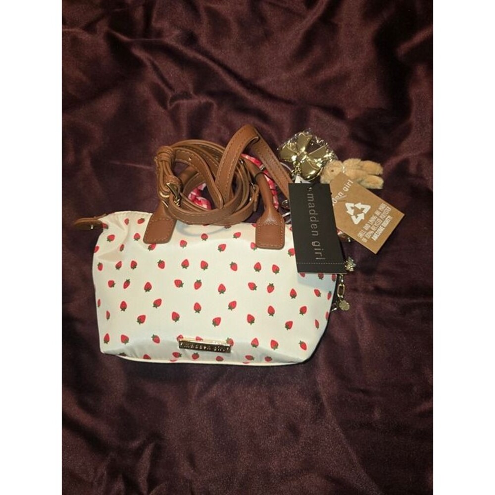Madden Girl Strawberry Mini Tote Bag Crossbody w/ Bow & Teddy Bear Charm NWT